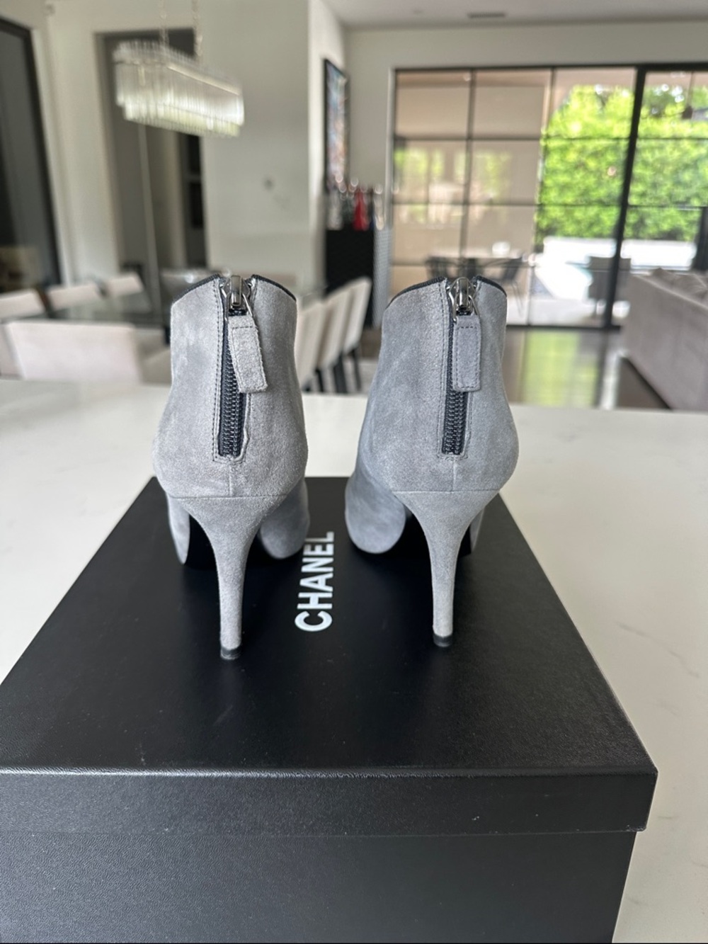 CHANEL Gray Suede Ankle Booties with Black Cap Toe - Picture 4 of 8